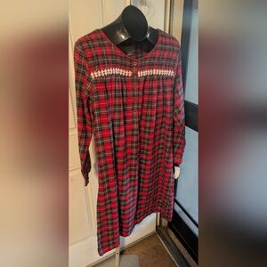 Holiday Plaid Long Sleeve 100% Cotton Flannel Mid Length Nightgown New Large